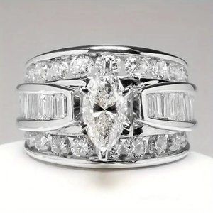 Men's Fashion Golden Silvery Three Rows Of White Cubic Zirconia Engagement Ring